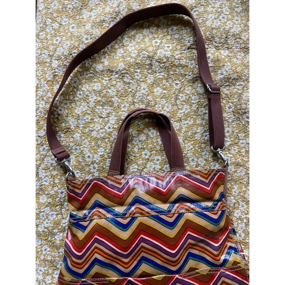 Fossil Key-Per Magnetic Closure Chevron Striped Costed‎ Canvas Tote Bag Purse - Picture 4 of 8